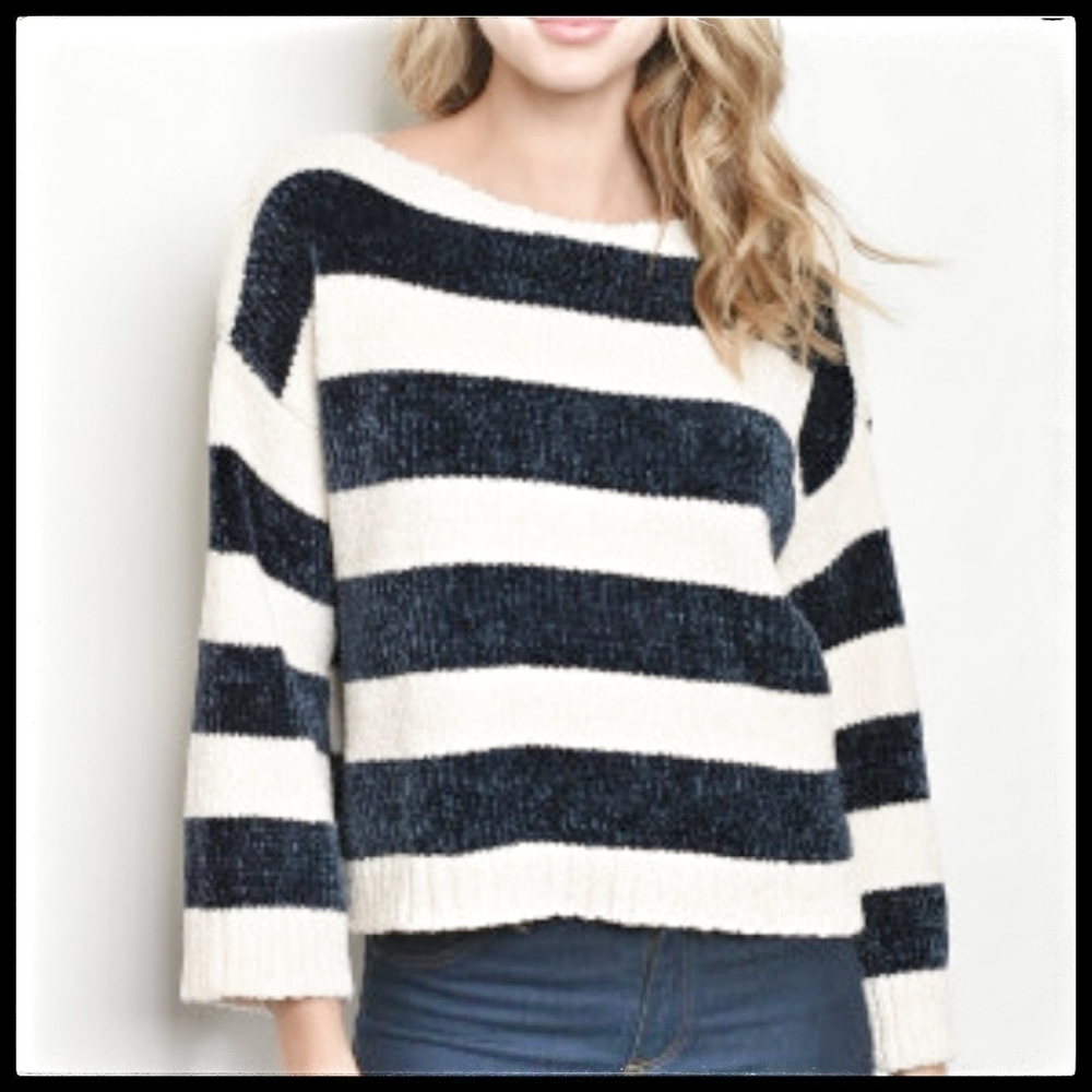 Chenille Navy & Cream Sweater, NWT